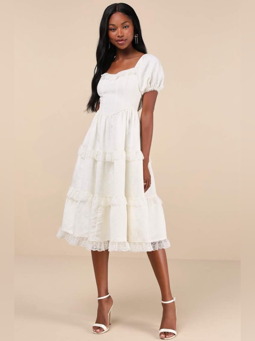 Lulus Gorgeously Romantic Ivory Lace Puff Sleeve Tiered Midi Dress Size M